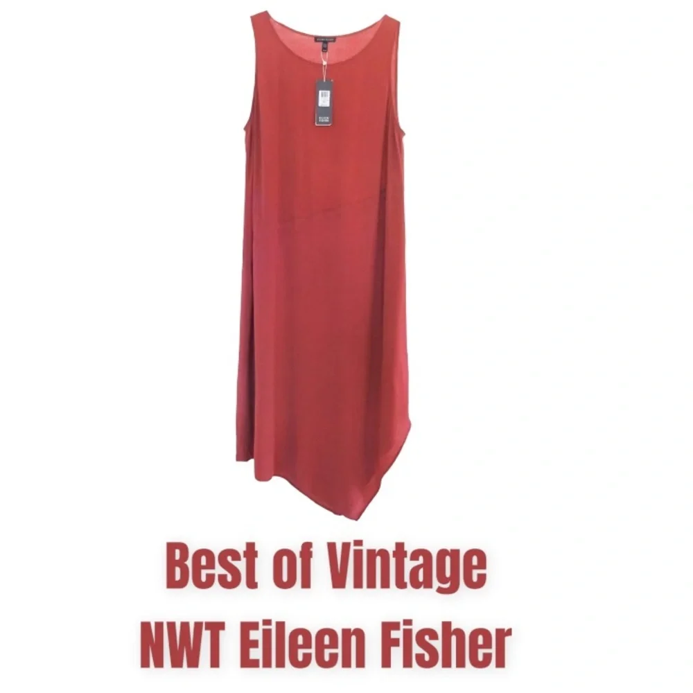 $378 Eileen Fisher Silk Dress Medium 10 12 100% Silk Crepe Flutter Hem Sleeveles - Picture 3 of 12